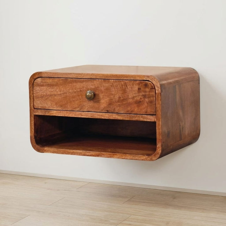 Curved Honey Caramel Floating Nightstand - Solid Mango Wood Bedside Table for Bedroom - main view showing handcrafted...