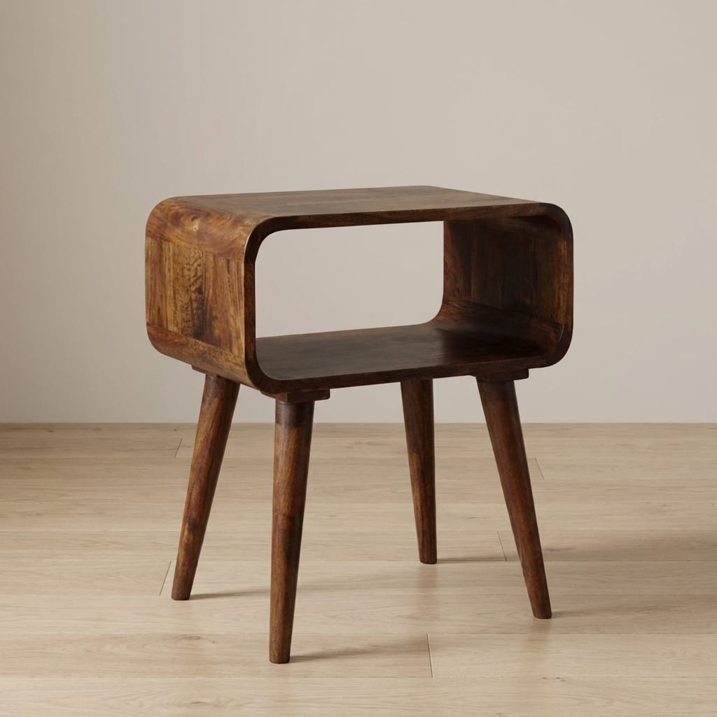 Curved Open Chestnut Nightstand - Solid Mango Wood Bedside Table for Bedroom - main view showing handcrafted solid mango...