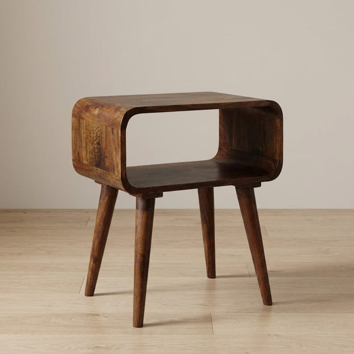 Curved Open Chestnut Nightstand - Solid Mango Wood Bedside Table for Bedroom - main view showing handcrafted solid mango...