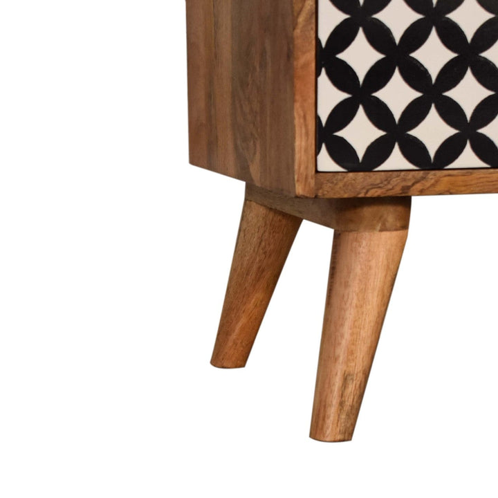 Diamond Screen Printed Nightstand - Solid Mango Wood Bedside Table for Bedroom - product view 6 showing handcrafted solid...