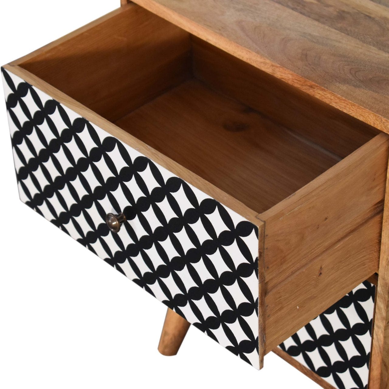 Diamond Screen Printed Nightstand - Solid Mango Wood Bedside Table for Bedroom - product view 5 showing handcrafted solid...
