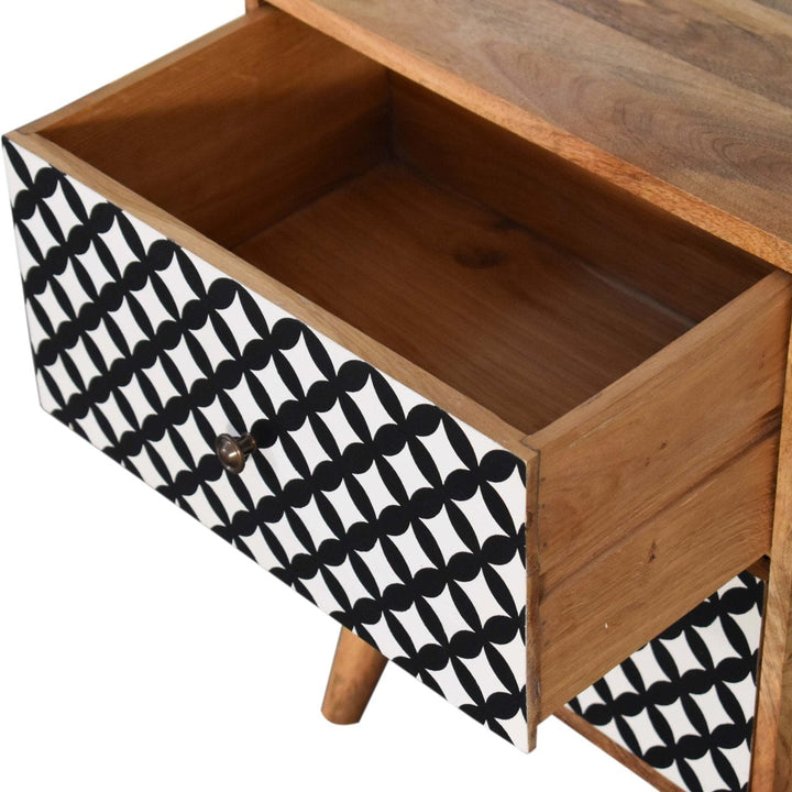 Diamond Screen Printed Nightstand - Solid Mango Wood Bedside Table for Bedroom - product view 5 showing handcrafted solid...