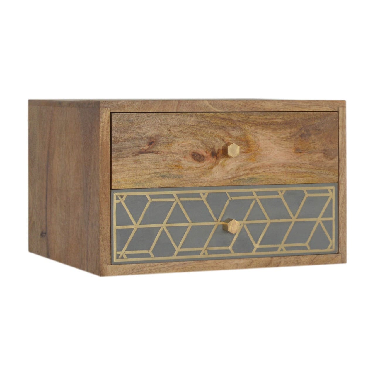 Dice Floating Nightstand - Solid Mango Wood Bedside Table for Bedroom - product view 2 showing handcrafted solid mango...
