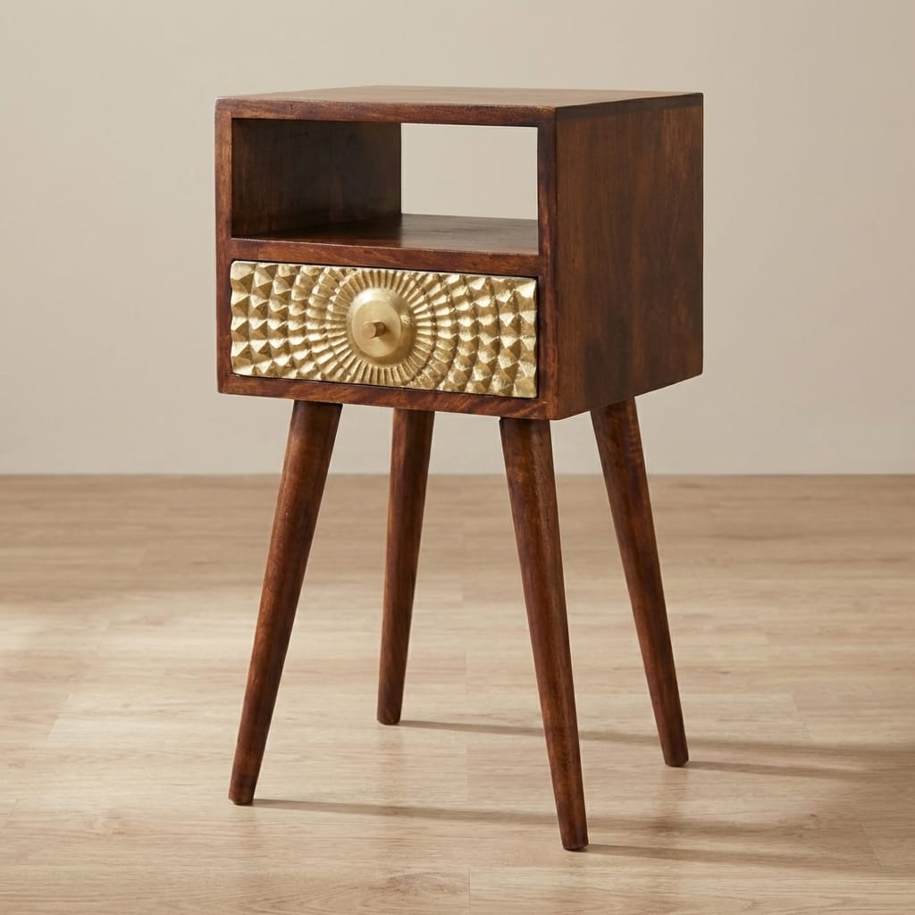 Eden Mini Nightstand - Solid Mango Wood Bedside Table for Bedroom - main view showing handcrafted solid mango wood nightstand