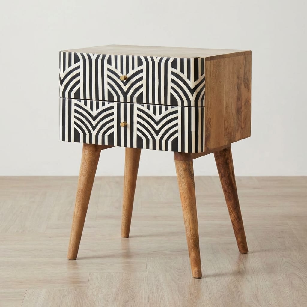 Edessa Bone Inlay Nightstand - Solid Mango Wood Bedside Table for Bedroom - main view showing handcrafted solid mango...