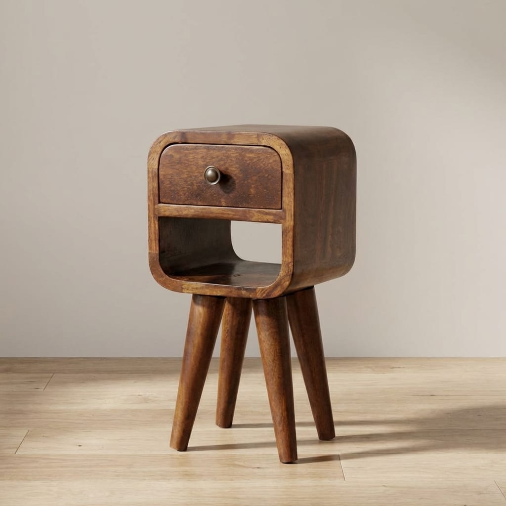 Extra Mini Chestnut Curve Lower Nightstand - Solid Mango Wood Bedside Table for Bedroom - main view showing handcrafted...