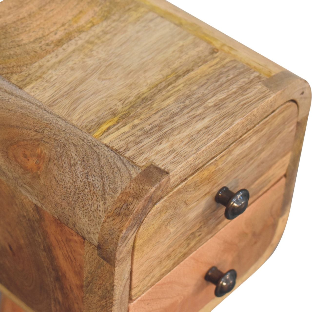 Extra Mini Curved Oak-ish Nightstand - Solid Mango Wood Bedside Table for Bedroom - product view 6 showing handcrafted...
