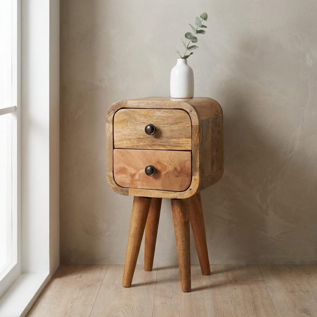 Extra Mini Curved Oak-ish Nightstand - Solid Mango Wood Bedside Table for Bedroom - main view showing handcrafted solid...
