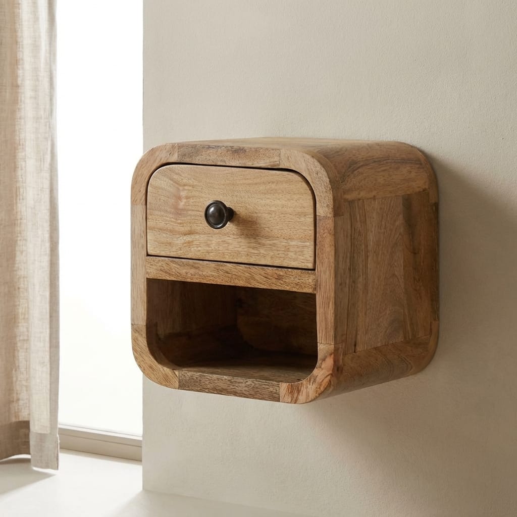 Extra Mini Curved Oak-ish Nightstand - Solid Mango Wood Bedside Table for Bedroom - main view showing handcrafted solid...