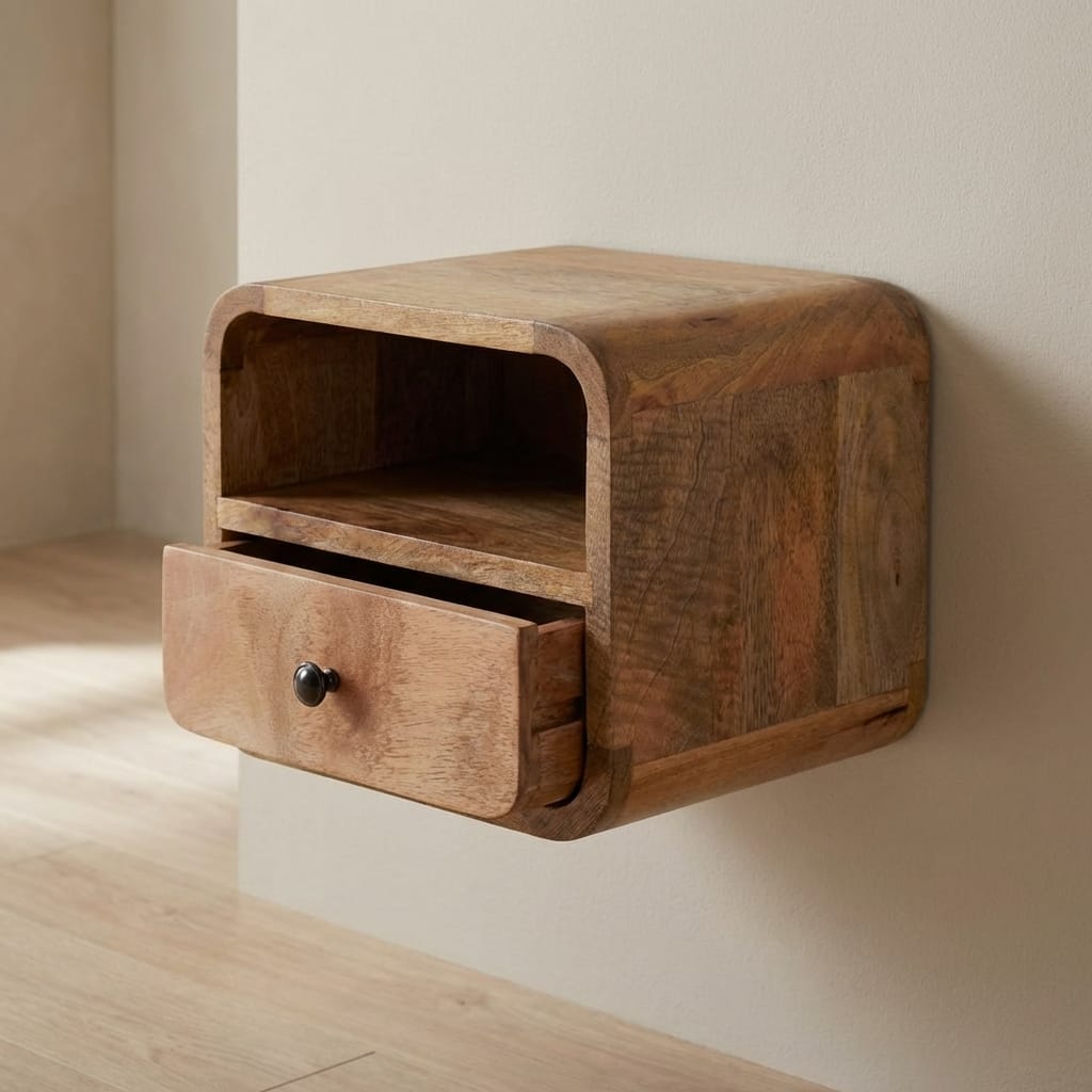 Extra Mini Wall Mounted Curved Oak-ish Nightstand - Solid Mango Wood Bedside Table for Bedroom - main view showing...