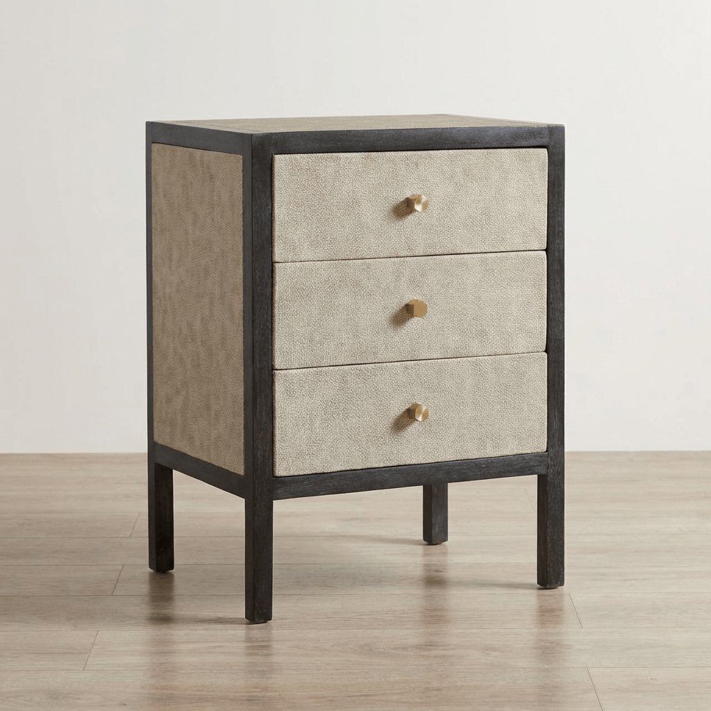 Faux Leather Nightstand - Solid Mango Wood Bedside Table for Bedroom - main view showing handcrafted solid mango wood...