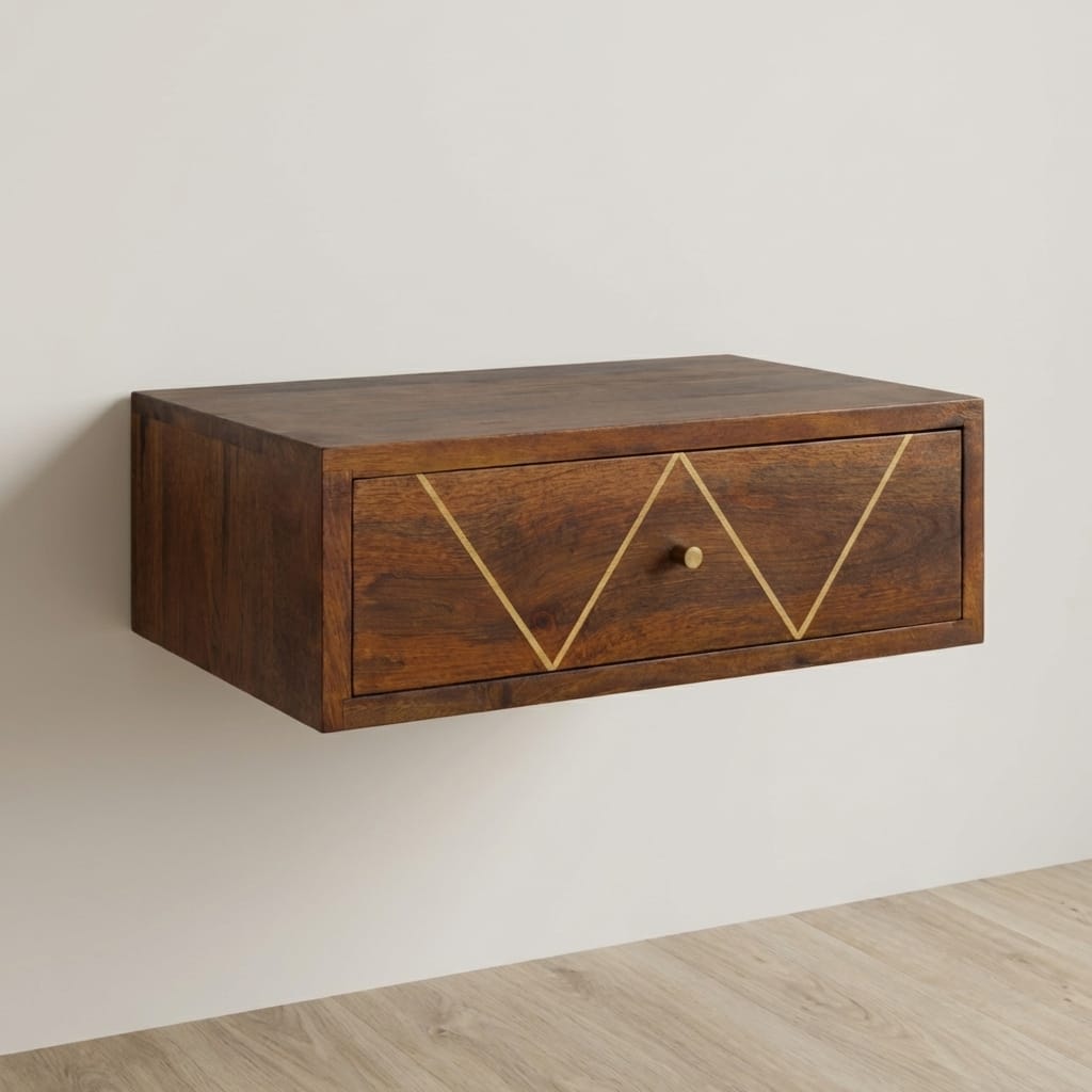 Floating Chestnut Brass Nightstand - Solid Mango Wood Bedside Table for Bedroom - main view showing handcrafted solid...