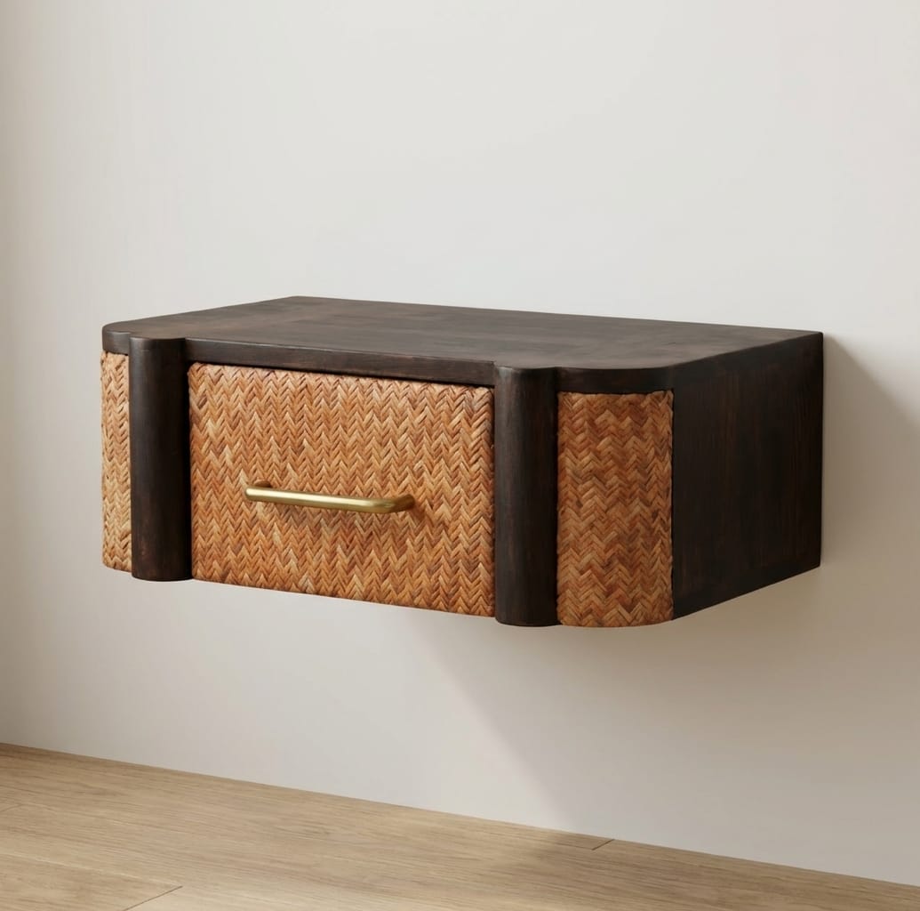Floating Rattan Nightstand - Wall-Mounted Mango Wood Bedside Table - main view showing handcrafted solid mango wood...