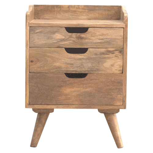 Functional 3 Drawer Gallery Nightstand - Solid Mango Wood Bedside Table for Bedroom - product view 8 showing handcrafted...