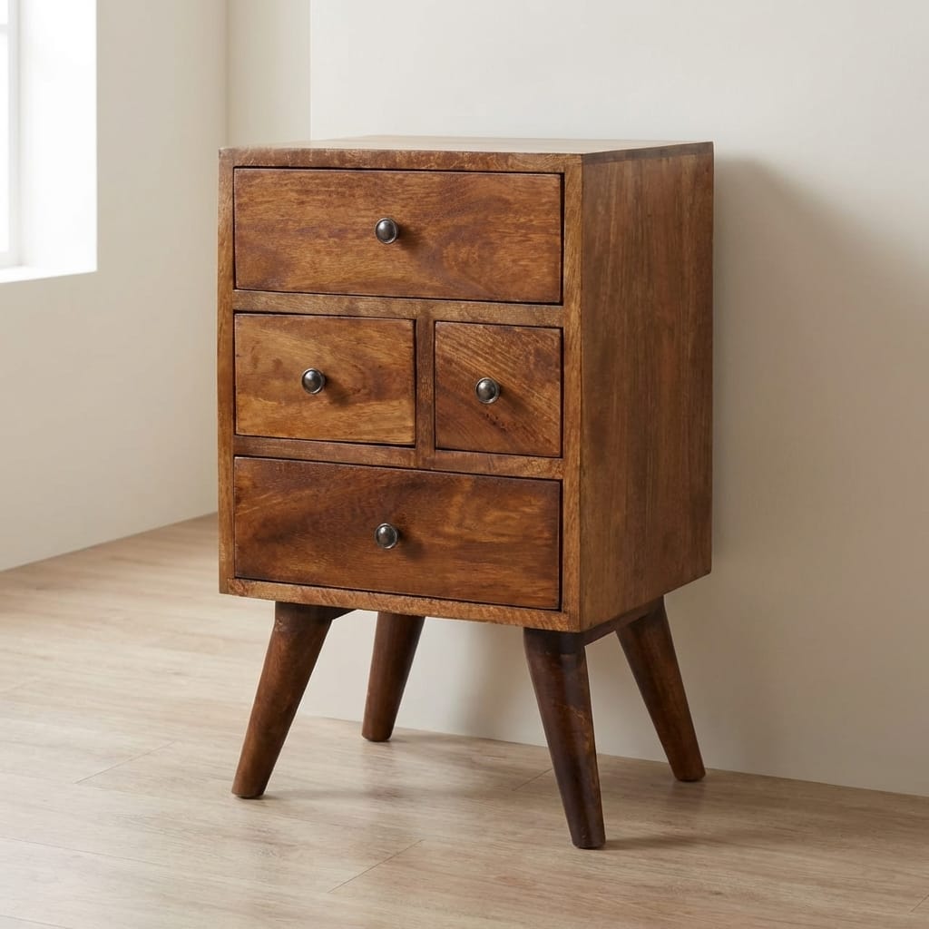 Functional 4 Drawer Multi Chestnut Nightstand - Solid Mango Wood Bedside Table for Bedroom - main view showing...