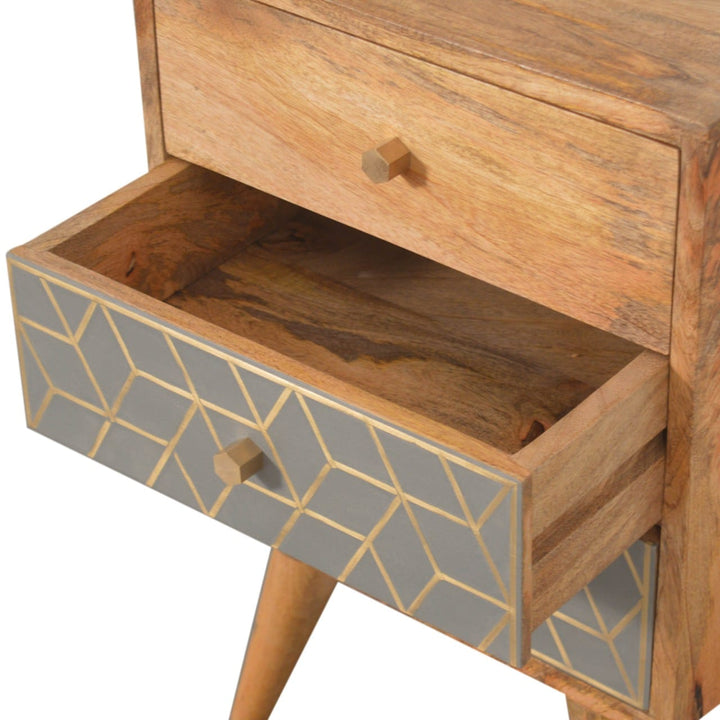 Functional Dice 3 Drawer Nightstand - Solid Mango Wood Bedside Table for Bedroom - product view 5 showing handcrafted...