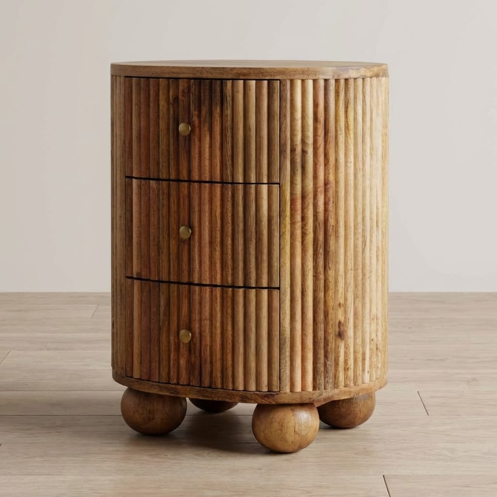 Functional Soba Ball 3 Drawer Nightstand - Solid Mango Wood Bedside Table for Bedroom - main view showing handcrafted...