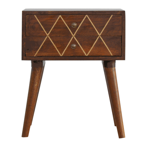 Geo Brass Inlay Nightstand - Solid Mango Wood Bedside Table for Bedroom - product view 9 showing handcrafted solid mango...
