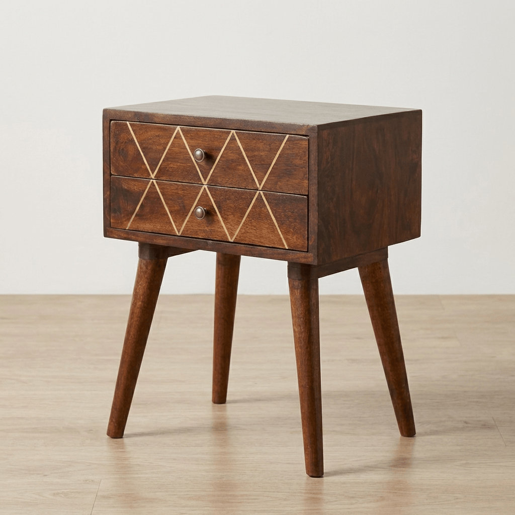 Geo Brass Inlay Nightstand - Solid Mango Wood Bedside Table for Bedroom - main view showing handcrafted solid mango wood...