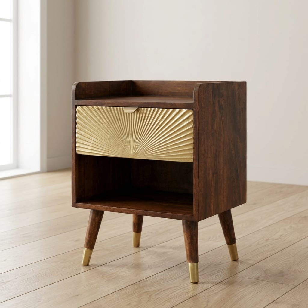Gold One Drawer Nightstand - Solid Mango Wood Bedside Table for Bedroom - main view showing handcrafted solid mango wood...