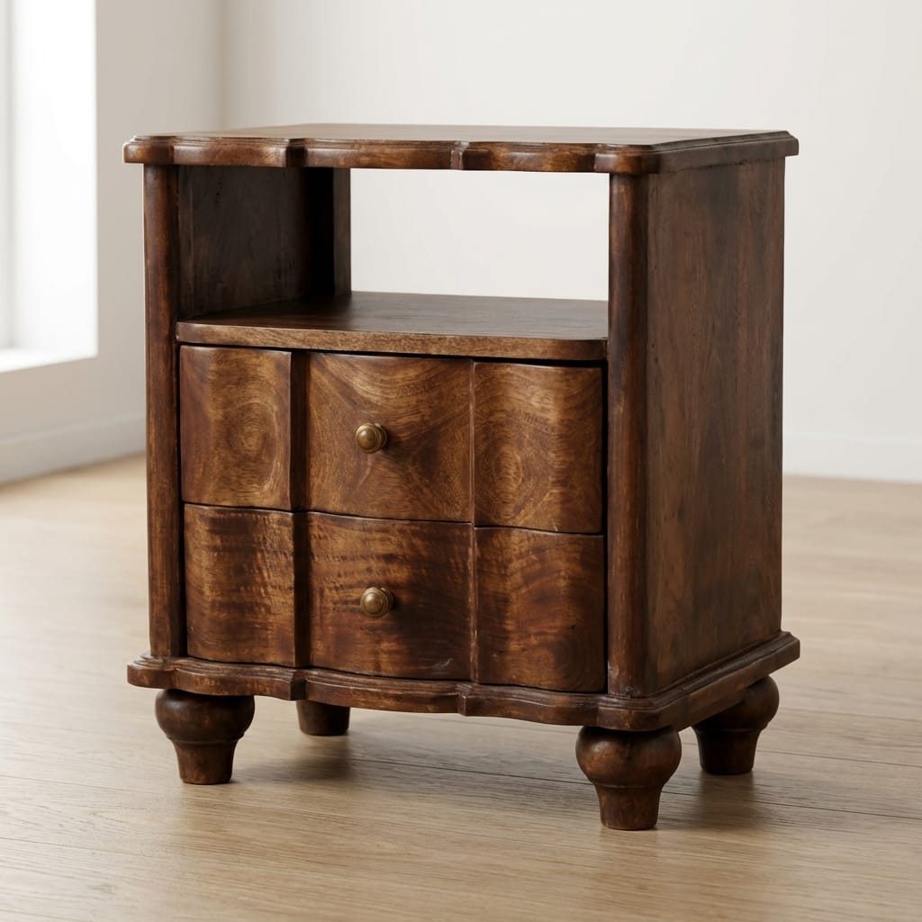 Handcrafted 2-Drawer Nightstand - Solid Mango Wood Bedside Table for Bedroom - main view showing handcrafted solid mango...