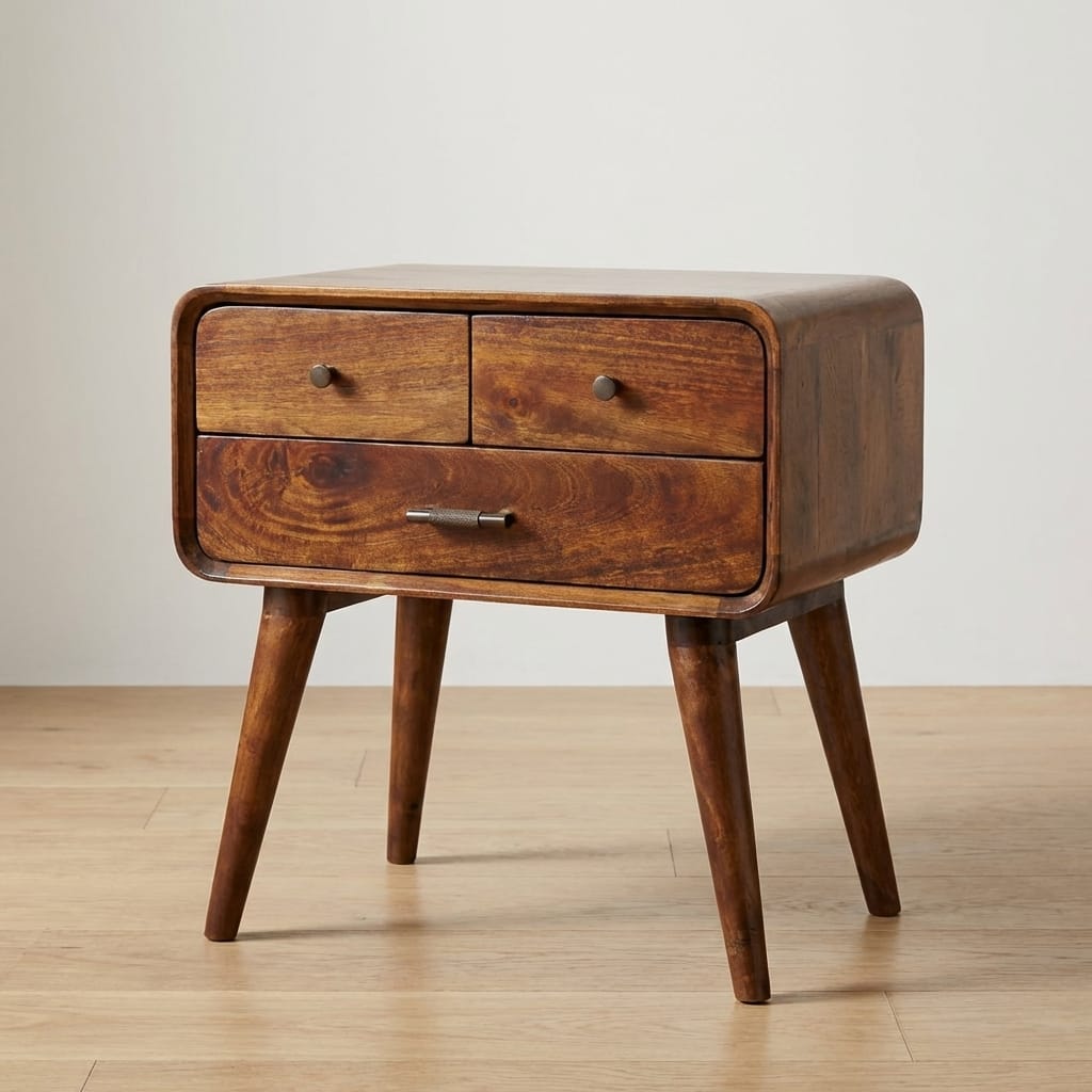 Handcrafted 3-Drawer Chestnut Nightstand - Solid Mango Wood Bedside Table for Bedroom - main view showing handcrafted...