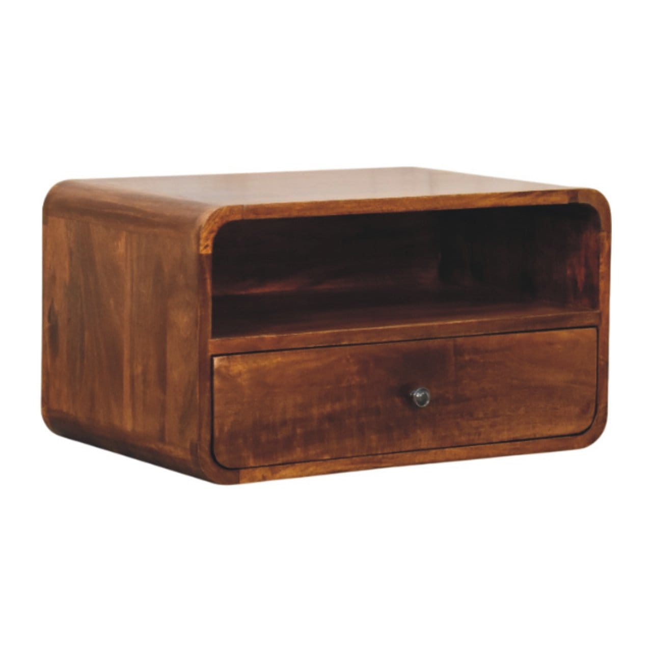 Handcrafted mango wood nightstand featuring a spacious drawer and open shelf for bedside storage.