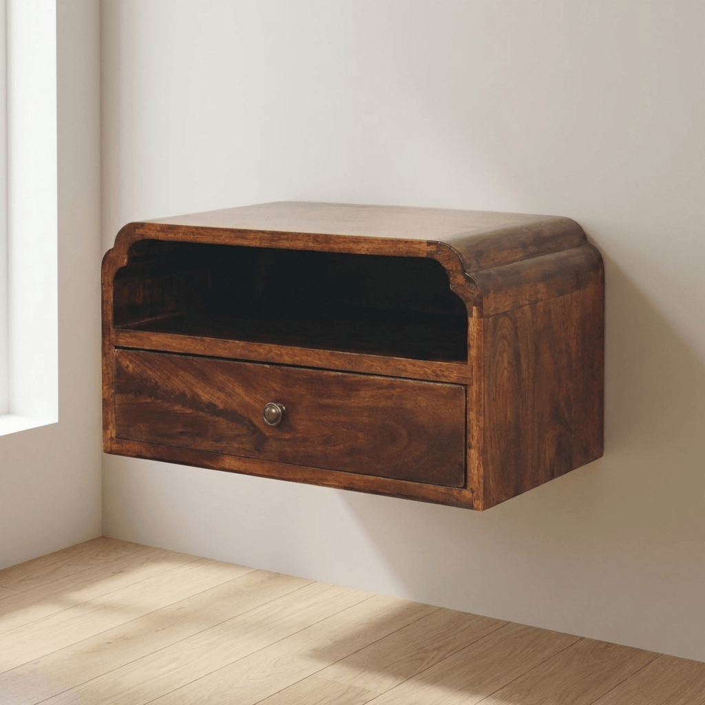 Handcrafted Avora Wall-Mounted Chestnut Nightstand - Solid Mango Wood Bedside Table for Bedroom - main view showing...