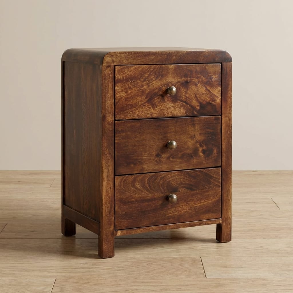Handcrafted California Walnut Naya Nightstand - Solid Mango Wood Bedside Table for Bedroom - main view showing...