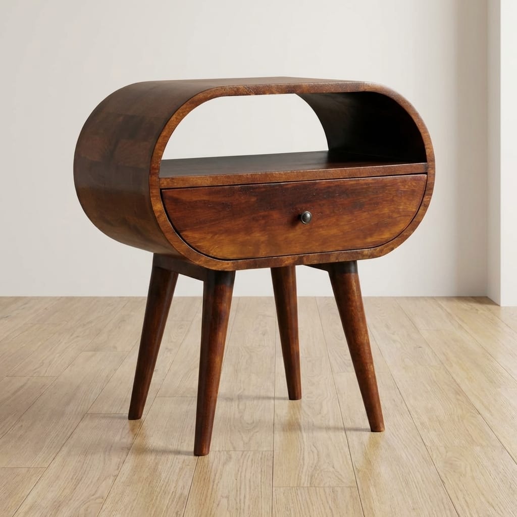Handcrafted Chestnut Circular Open Nightstand - Solid Mango Wood Bedside Table for Bedroom - main view showing...