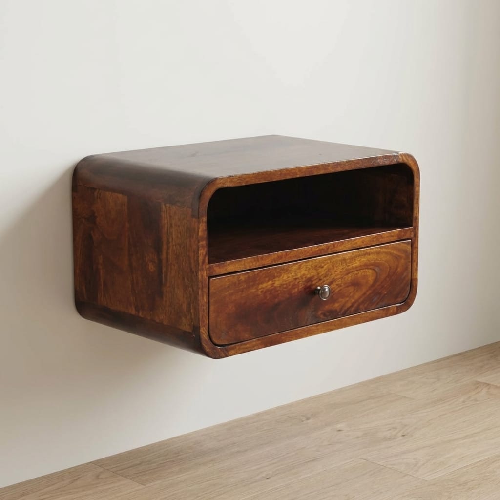 Handcrafted Chestnut Curve Upper Slot Floating Nightstand - Solid Mango Wood Bedside Table for Bedroom - main view...