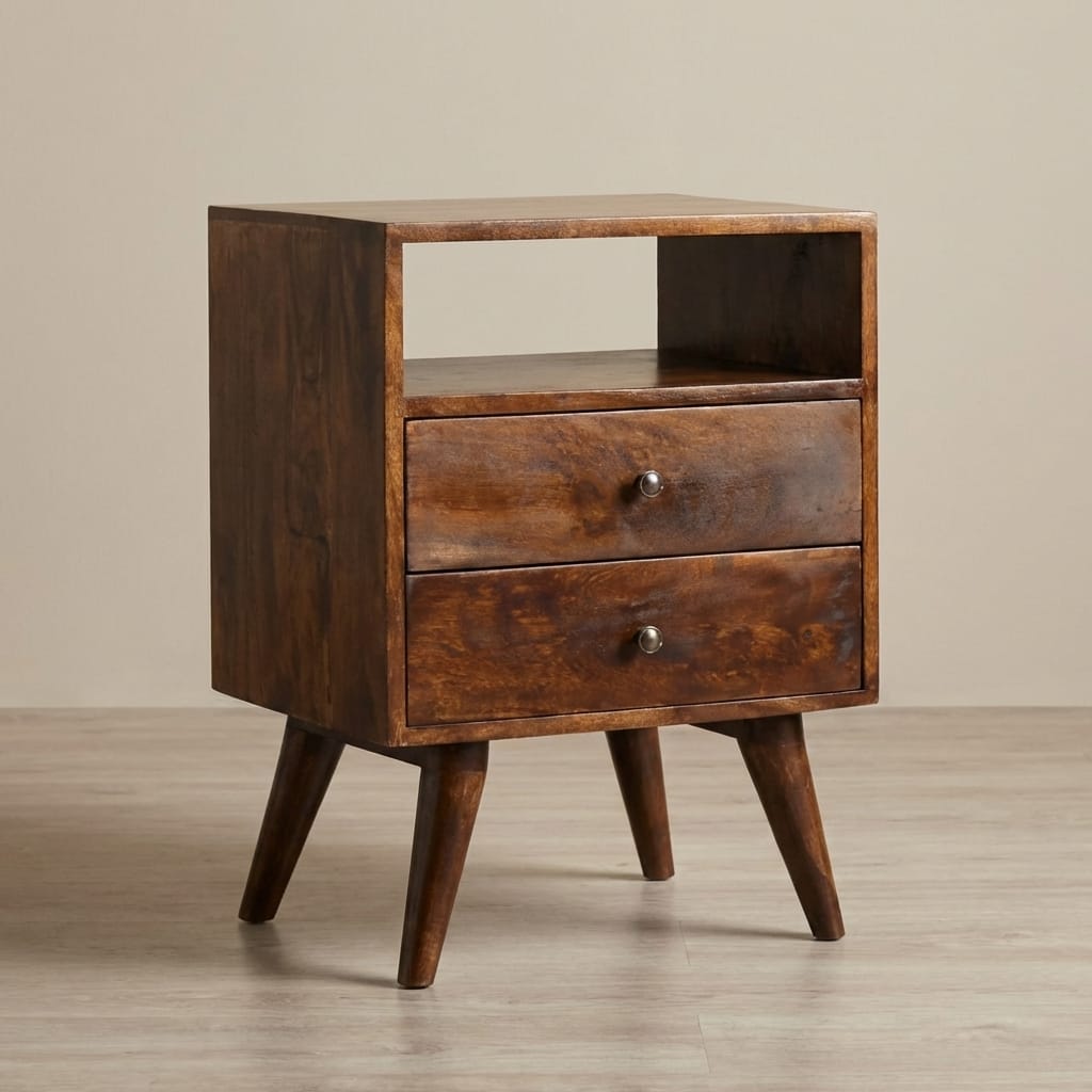 Handcrafted Classic Chestnut Nightstand - Solid Mango Wood Bedside Table for Bedroom - main view showing handcrafted...