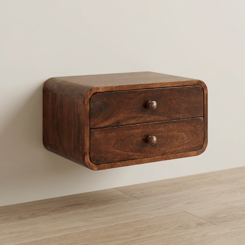 Handcrafted Curved California Walnut Floating Nightstand - Solid Mango Wood Bedside Table for Bedroom - main view showing...