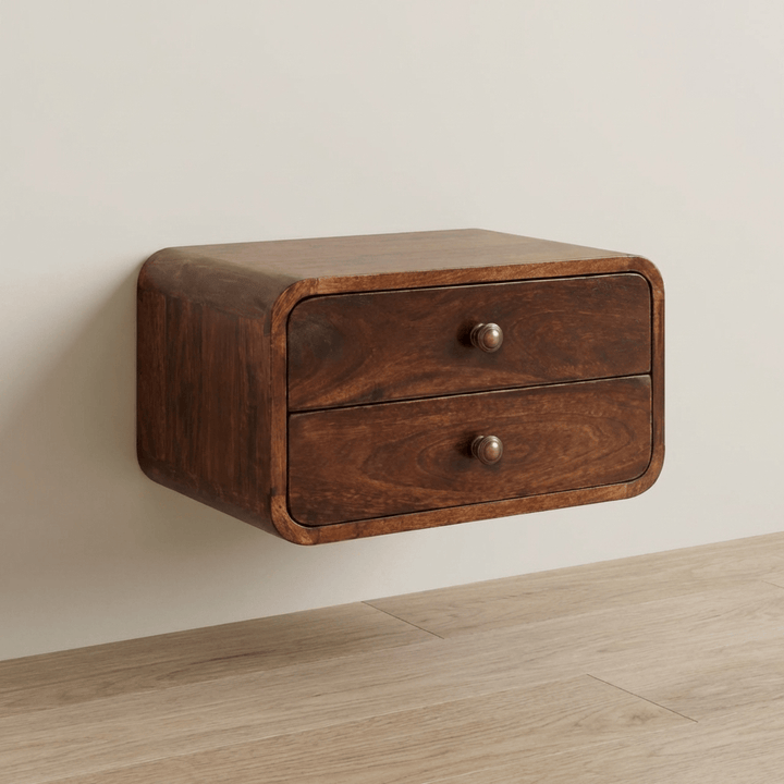 Handcrafted Curved California Walnut Floating Nightstand - Solid Mango Wood Bedside Table for Bedroom - main view showing...