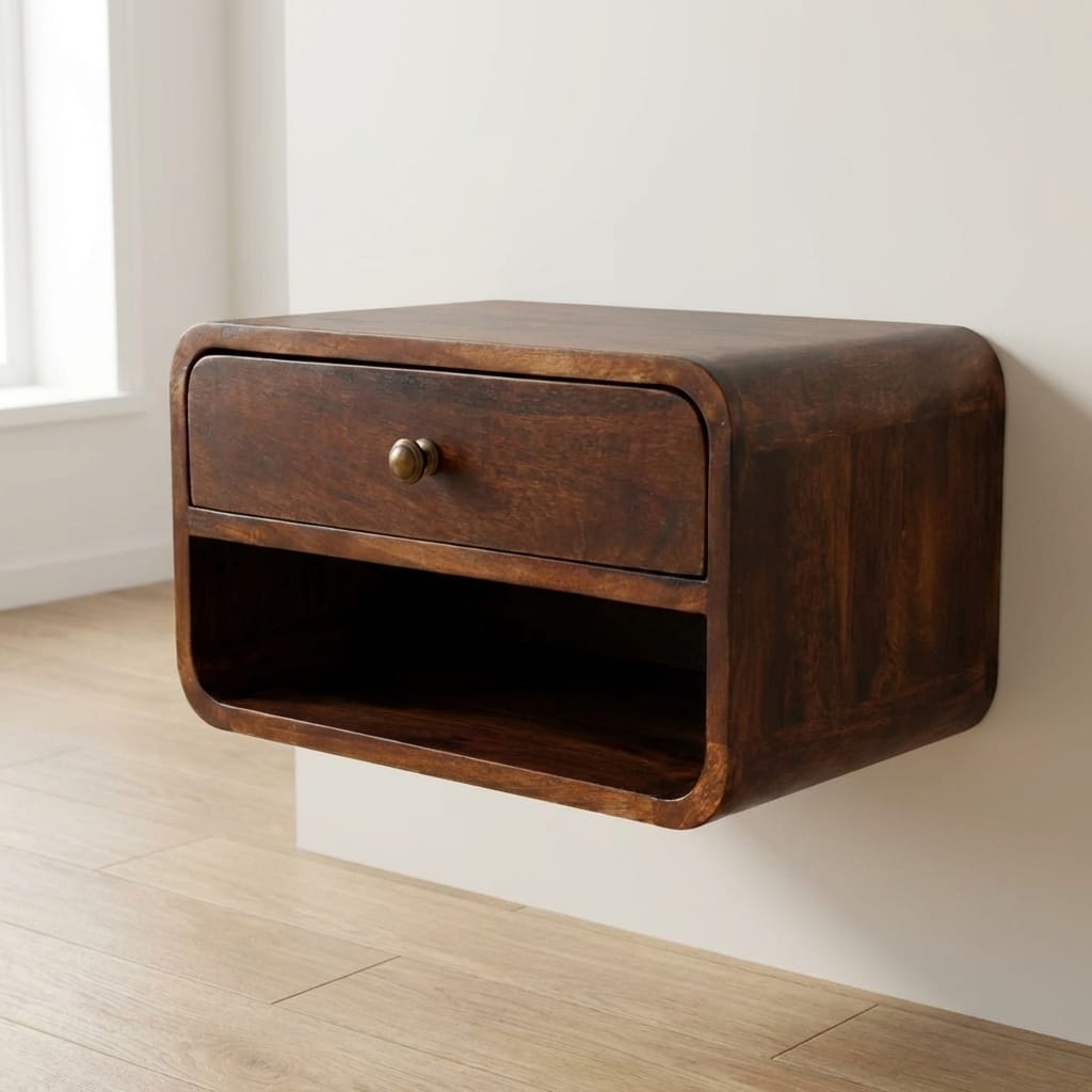 Handcrafted Curved California Walnut Floating Nightstand - Solid Mango Wood Bedside Table for Bedroom - main view showing...
