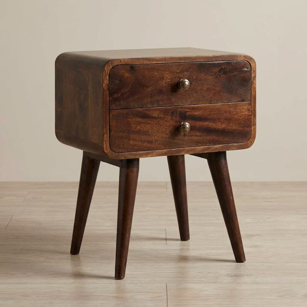 Handcrafted Curved California Walnut Nightstand - Solid Mango Wood Bedside Table for Bedroom - main view showing...