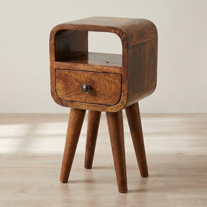 Handcrafted Extra Mini Chestnut Curve Open Slot Nightstand - Solid Mango Wood Bedside Table for Bedroom - main view...