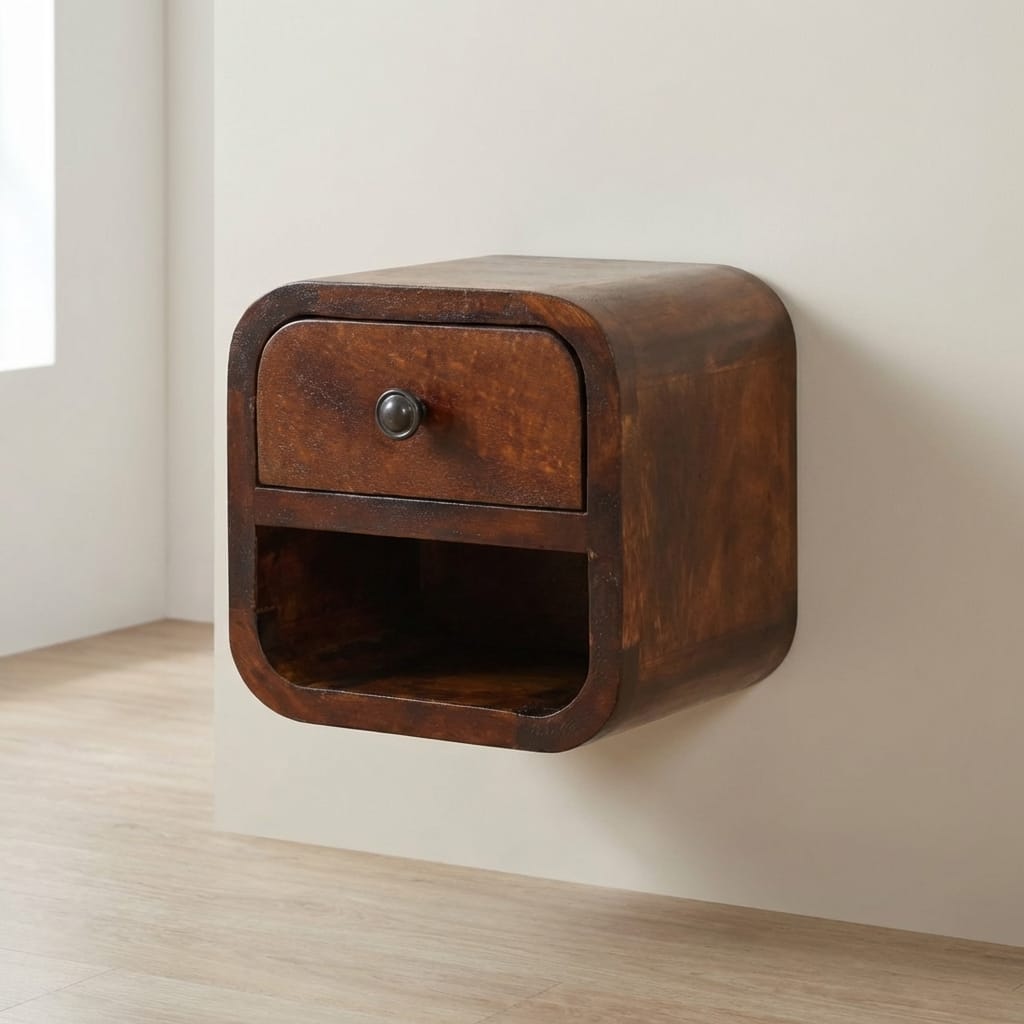 Handcrafted Extra Mini Curved Chestnut Floating Nightstand - Solid Mango Wood Bedside Table for Bedroom - main view...