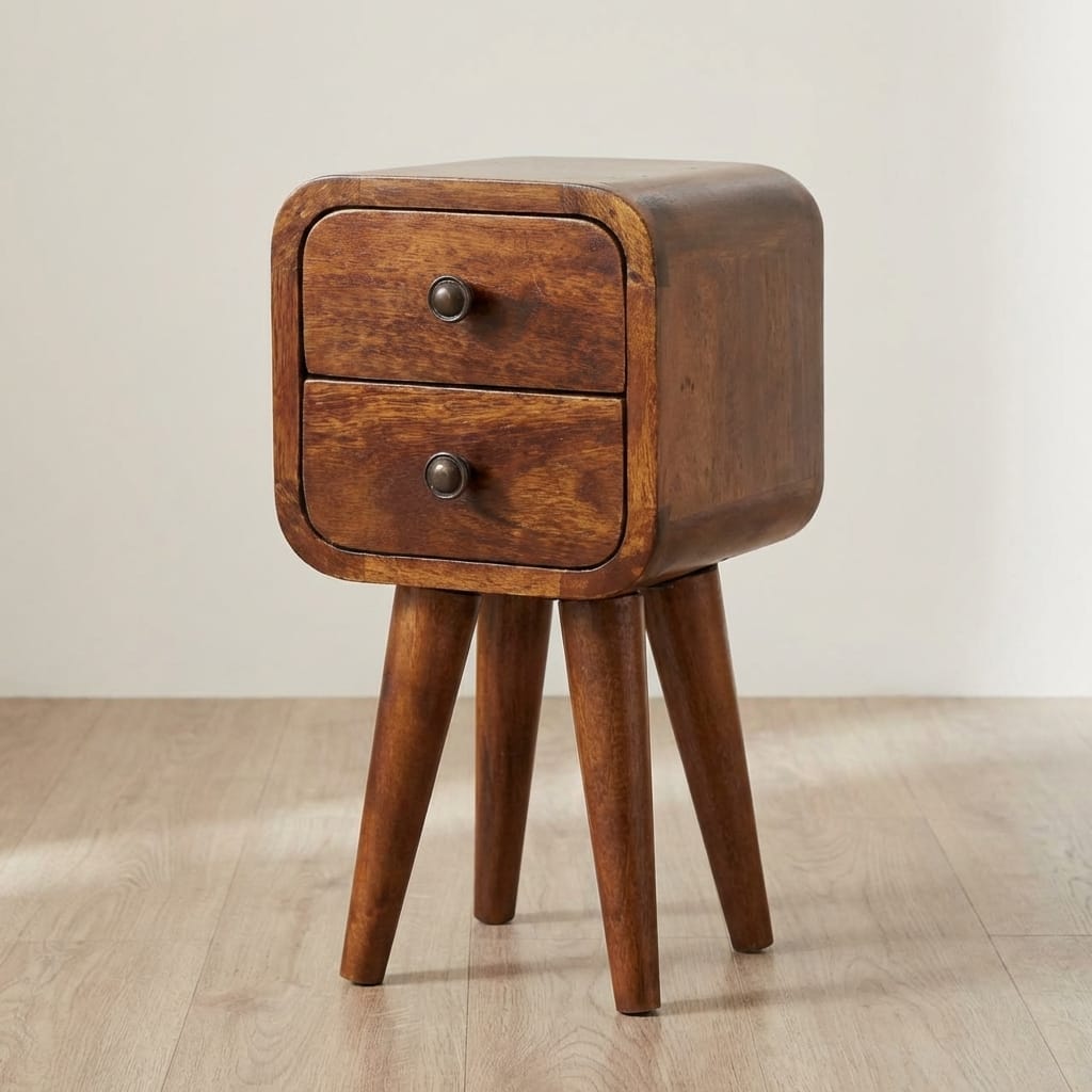Handcrafted Extra Mini Curved Chestnut Nightstand - Solid Mango Wood Bedside Table for Bedroom - main view showing...