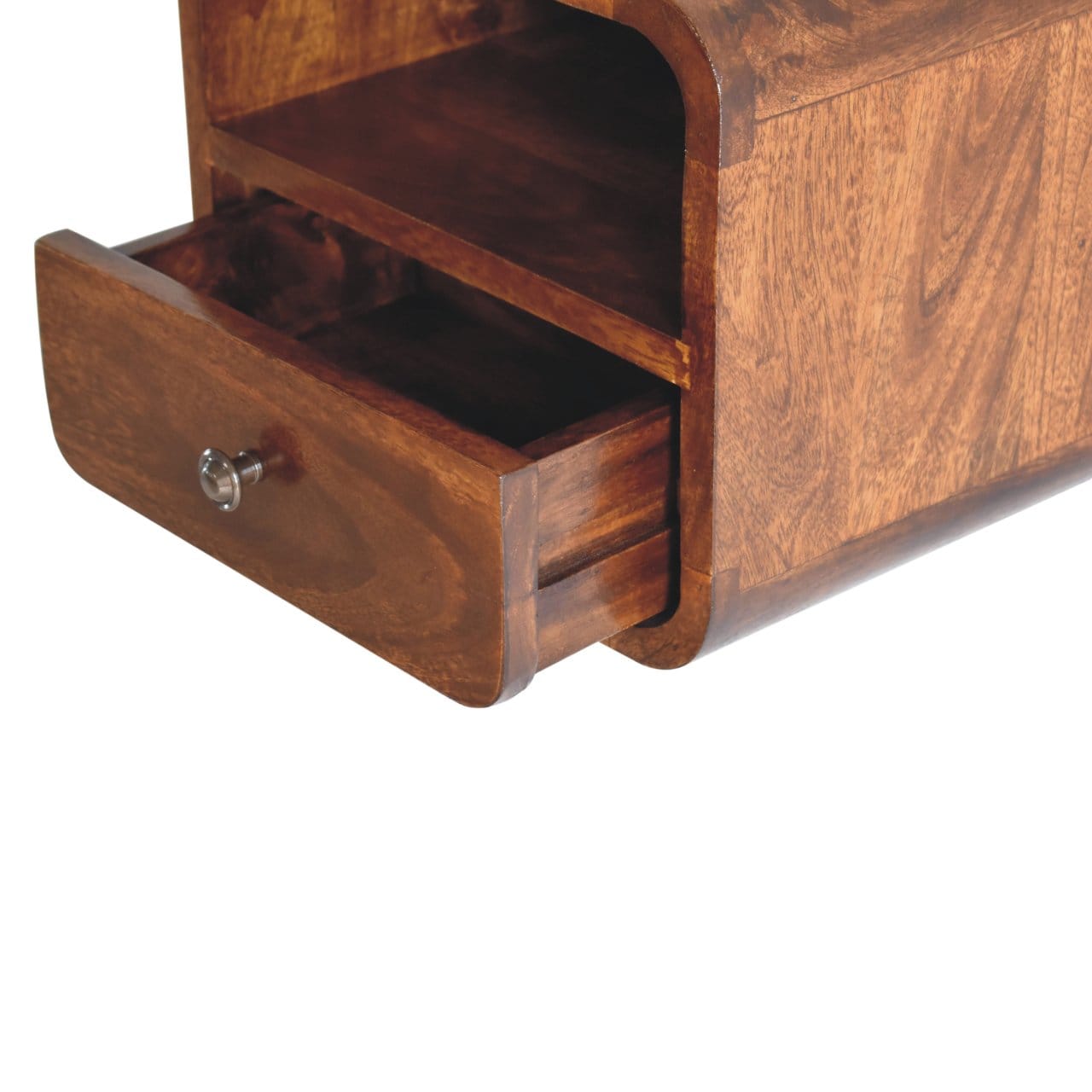 Handcrafted Extra Mini Wall Mounted Curved Chestnut Nightstand - Solid Mango Wood Bedside Table for Bedroom - product...