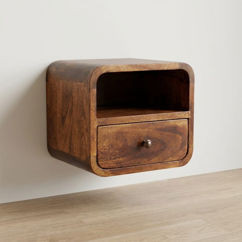 Handcrafted Extra Mini Wall Mounted Curved Chestnut Nightstand - Solid Mango Wood Bedside Table for Bedroom - main view...