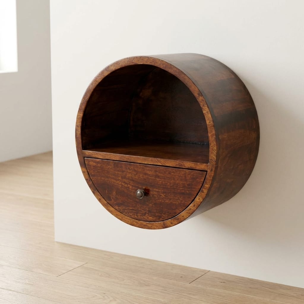 Handcrafted Floating Circle Chestnut Nightstand - Solid Mango Wood Bedside Table for Bedroom - main view showing...
