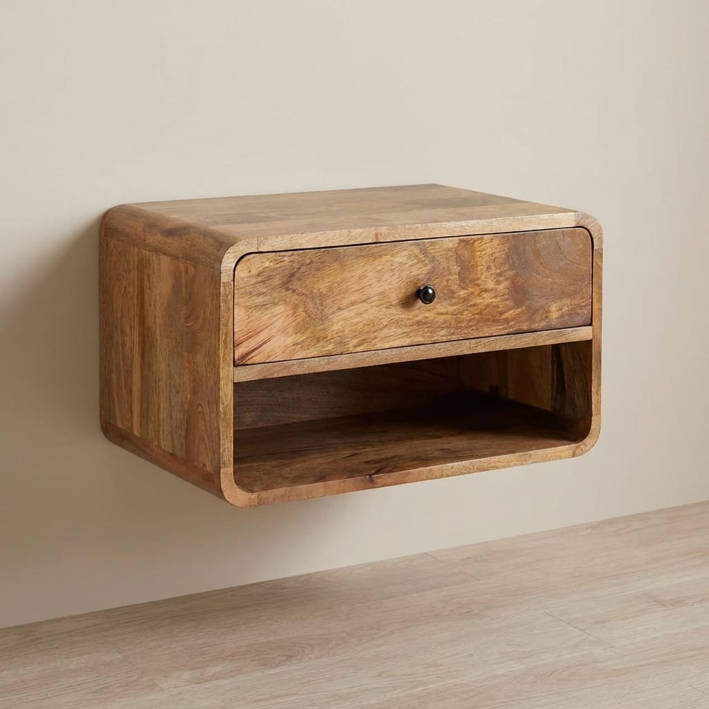 Handcrafted Floating Curve Open Slot Nightstand - Solid Mango Wood Bedside Table for Bedroom - main view showing...