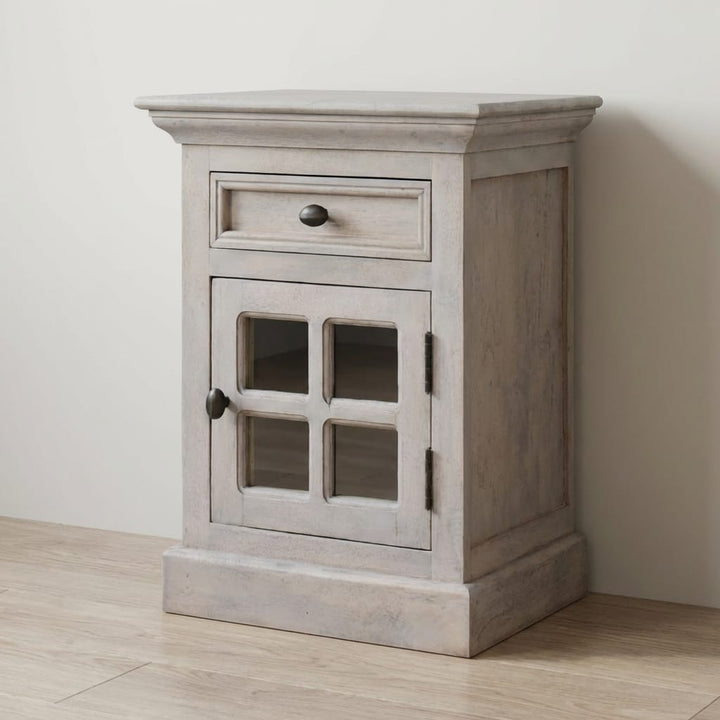 Handcrafted Glazed Stone Nightstand - Solid Mango Wood Bedside Table for Bedroom - main view showing handcrafted solid...