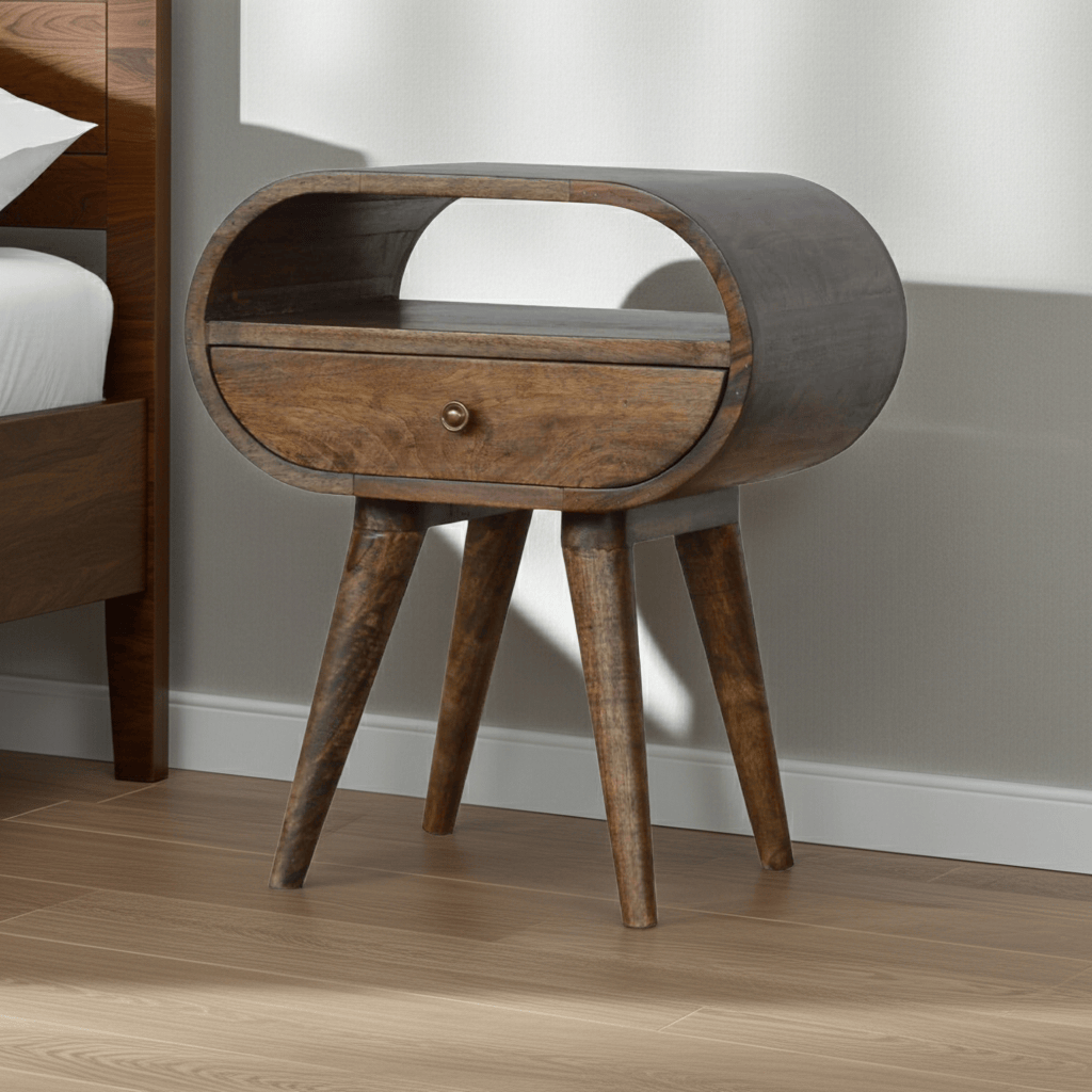 Handcrafted Grey Washed Circular Nightstand - Solid Mango Wood Bedside Table for Bedroom - main view showing handcrafted...