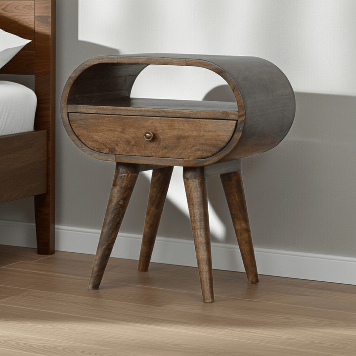 Handcrafted Grey Washed Circular Nightstand - Solid Mango Wood Bedside Table for Bedroom - main view showing handcrafted...