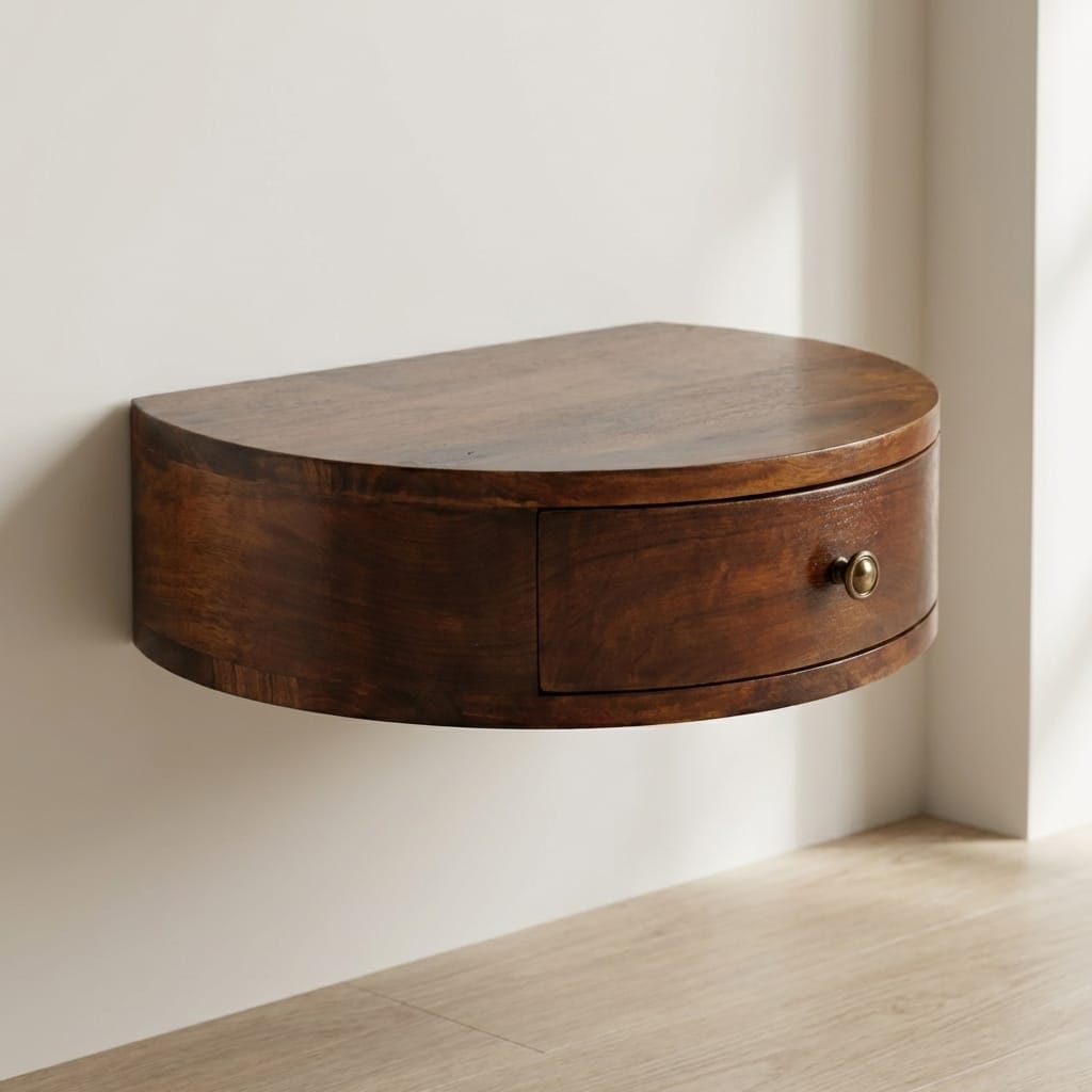 Handcrafted Lunar 1 Drawer Floating Nightstand - Solid Mango Wood Bedside Table for Bedroom - main view showing...