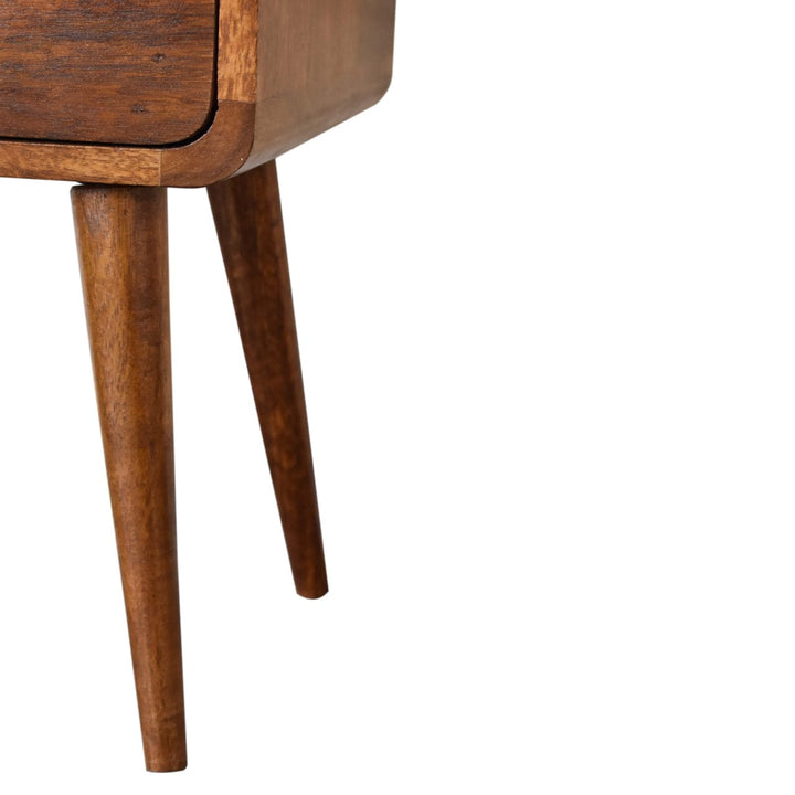 Handcrafted Mini Chestnut Curved Nightstand - Solid Mango Wood Bedside Table for Bedroom - product view 9 showing...