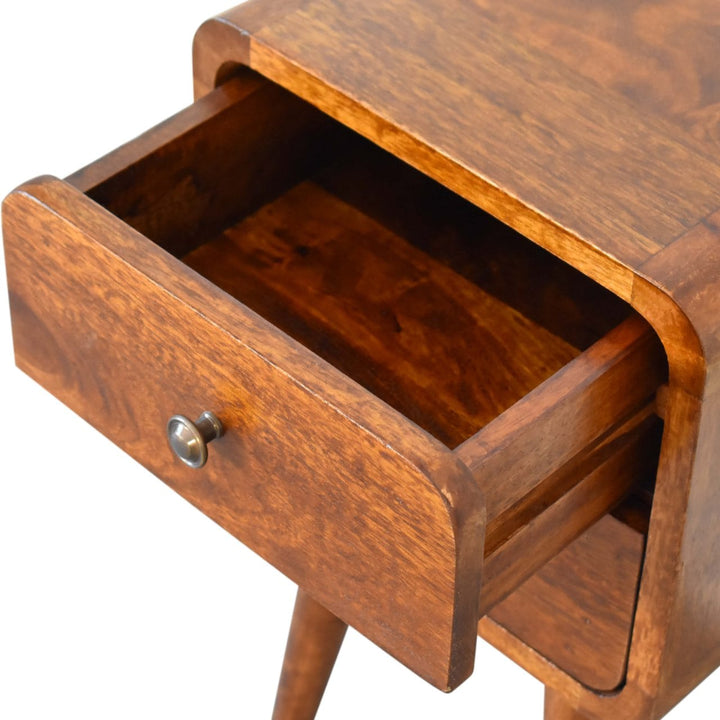Handcrafted Mini Chestnut Curved Nightstand - Solid Mango Wood Bedside Table for Bedroom - product view 8 showing...