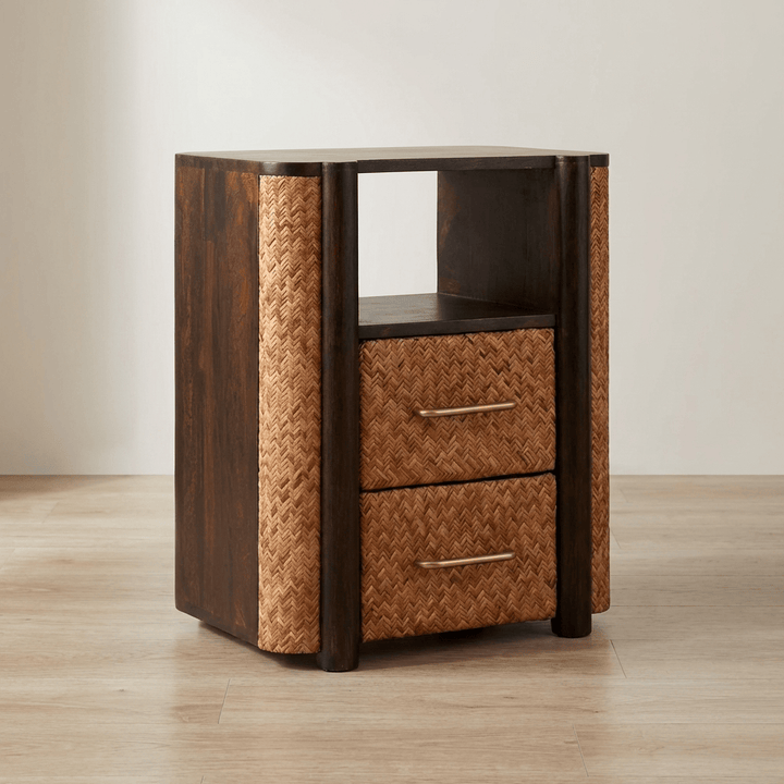 Handcrafted Rattan Curve Edge Nightstand - Solid Mango Wood Bedside Table for Bedroom - main view showing handcrafted...